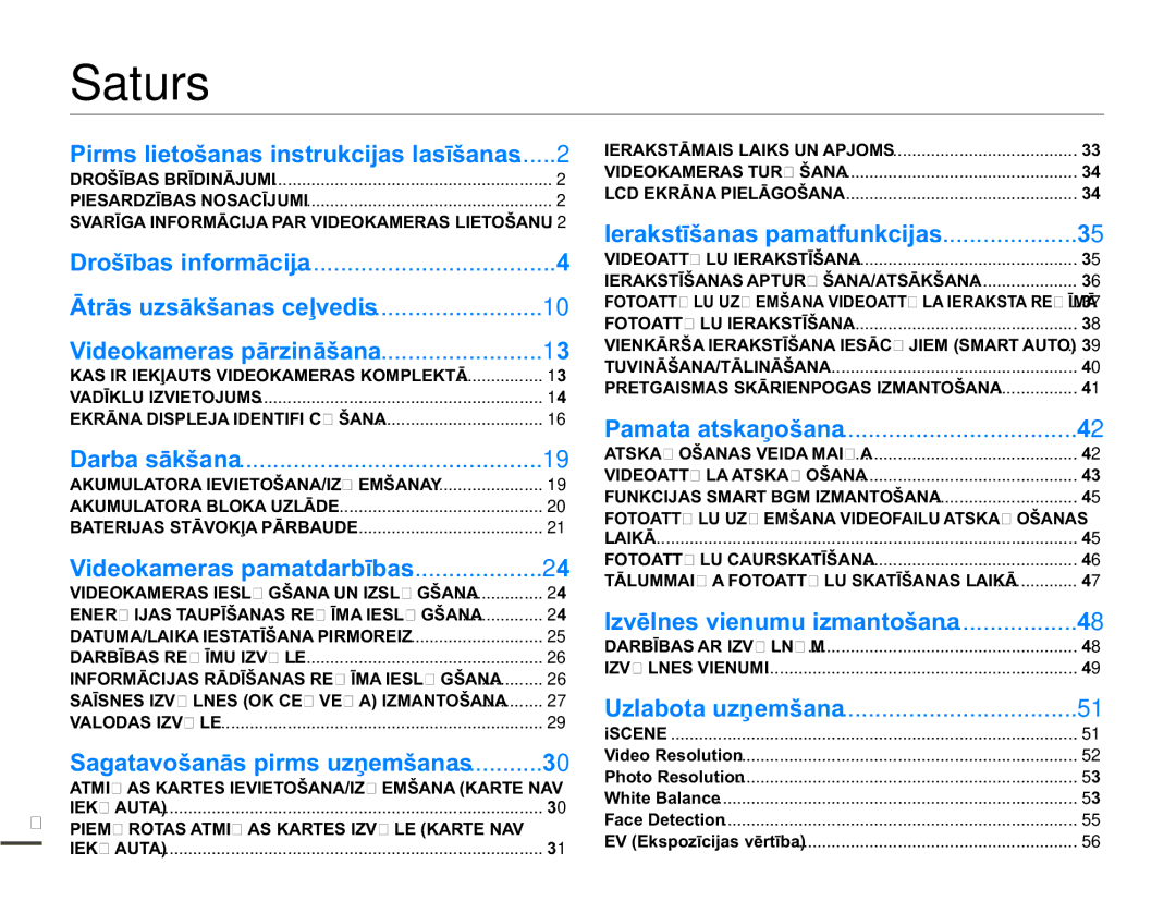 Samsung SMX-F70BP/EDC manual Saturs 