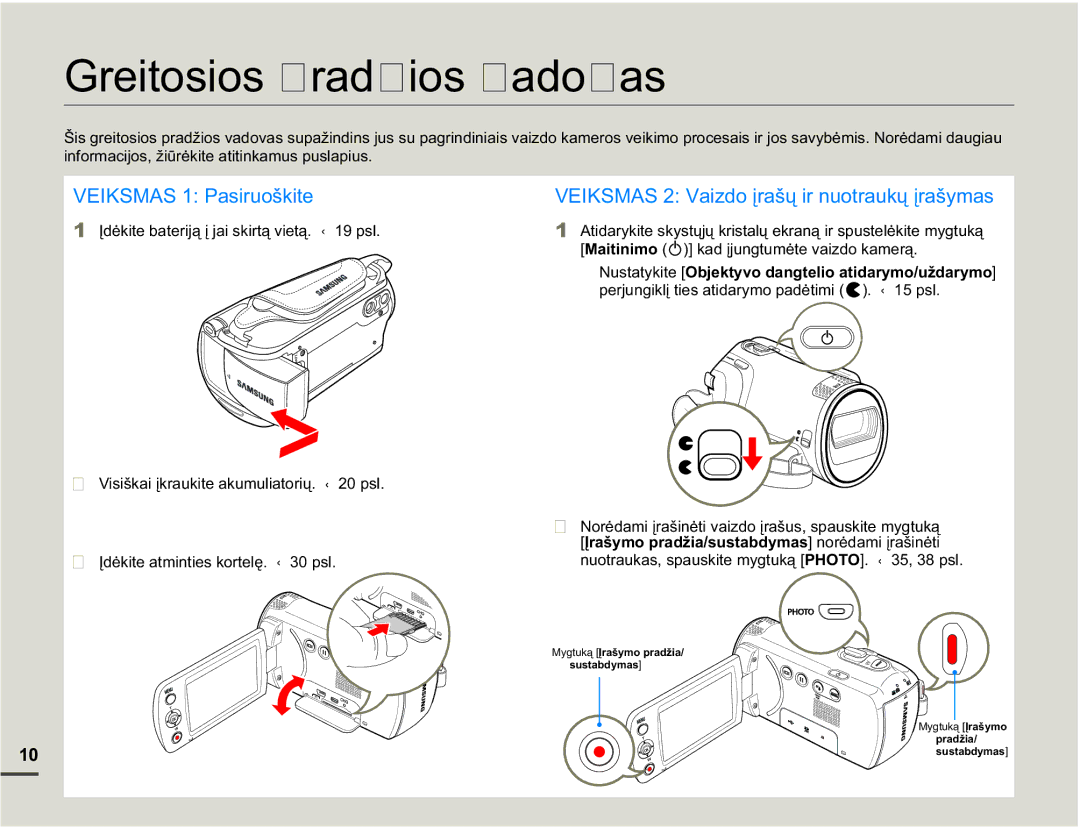 Samsung SMX-F70BP/EDC manual Greitosios pradžios vadovas, ƲGơNLWHEDWHULMąƳMDLVNLUWąYLHWą¬ SVO 