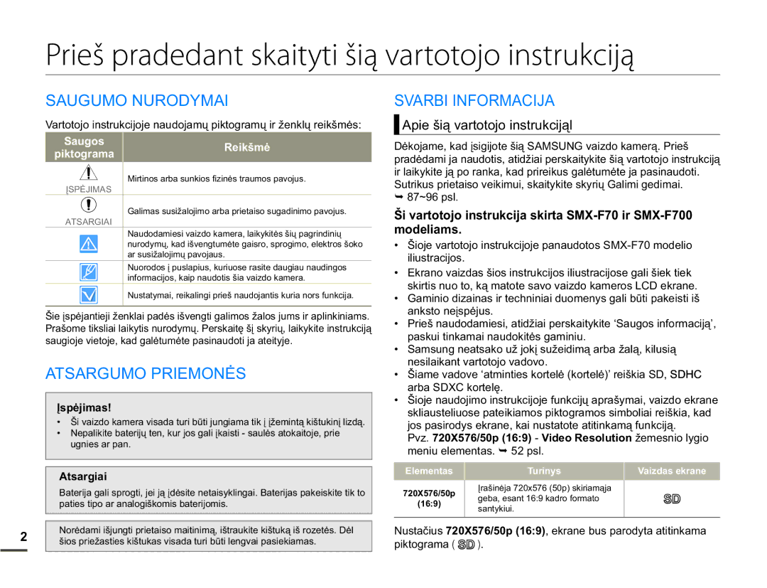 Samsung SMX-F70BP/EDC manual Prieš pradedant skaityti šią vartotojo instrukciją, Saugumo Nurodymai, $76$5*80235,021Ơ6 