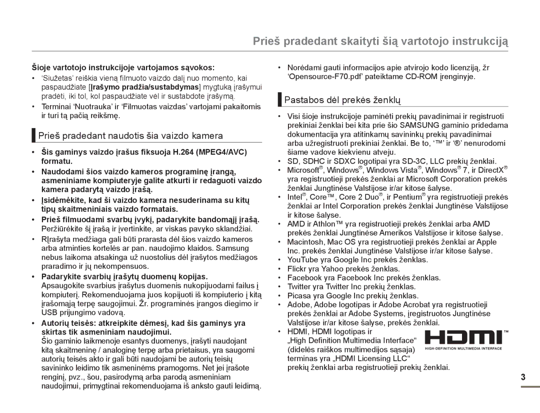 Samsung SMX-F70BP/EDC manual Prieš pradedant skaityti šią vartotojo instrukciją, Prieš pradedant naudotis šia vaizdo kamera 