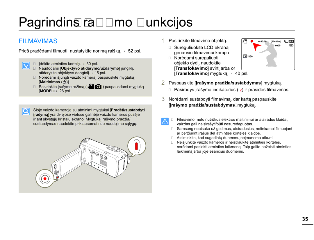 Samsung SMX-F70BP/EDC manual Pagrindinės įrašymo funkcijos, $9,0$6, JhuldxvlxIlopdylpxlNdpsx 