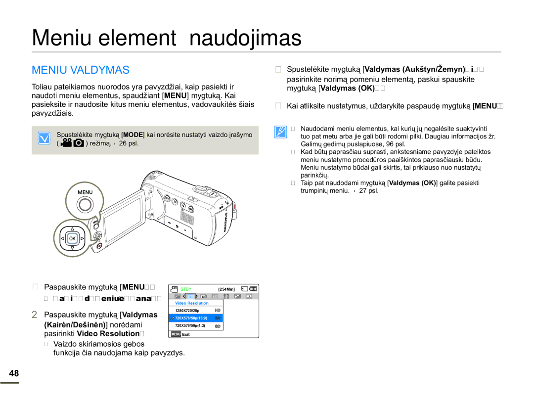 Samsung SMX-F70BP/EDC manual Meniu elementų naudojimas, 01,89$/0$6, 9DLGRVNLULDPRVLRVJHERV 