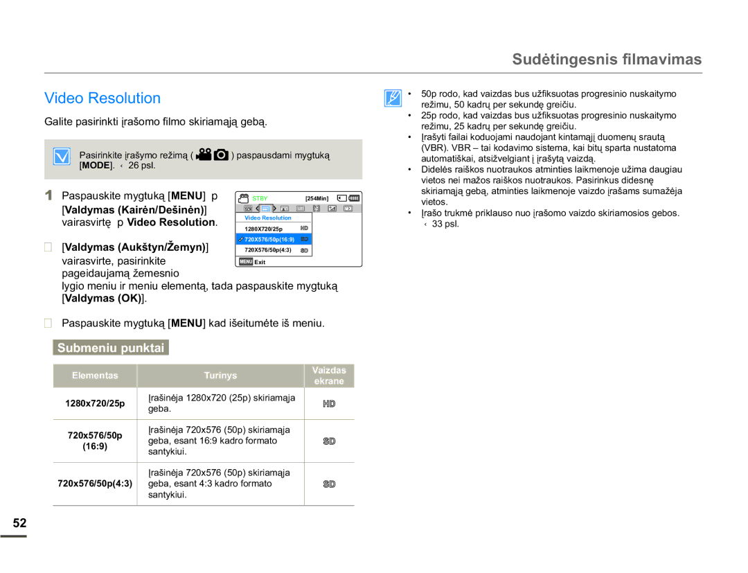 Samsung SMX-F70BP/EDC manual Video Resolution, DOLWHSDVLULQNWLƳUDãRPRILOPRVNLULDPąMąJHEą 