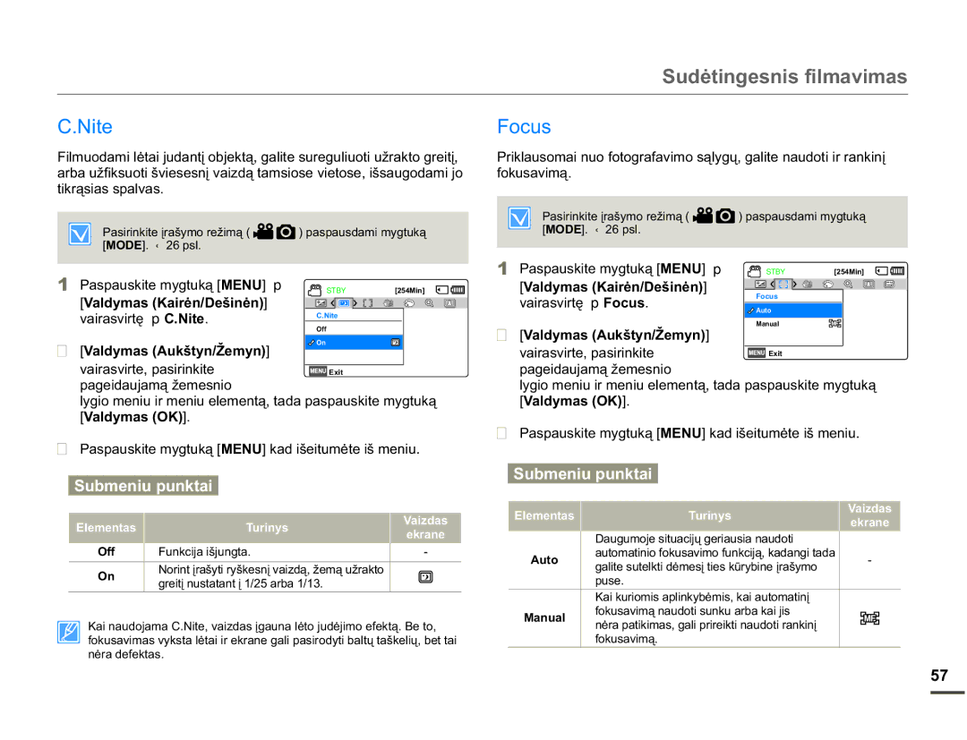 Samsung SMX-F70BP/EDC manual 6XGơWLQJHVQLVILOPDYLPDV, Nite Focus, Ydludvyluwċ p &1LWH, Ydludvyluwċ p Rfxv, 2II 