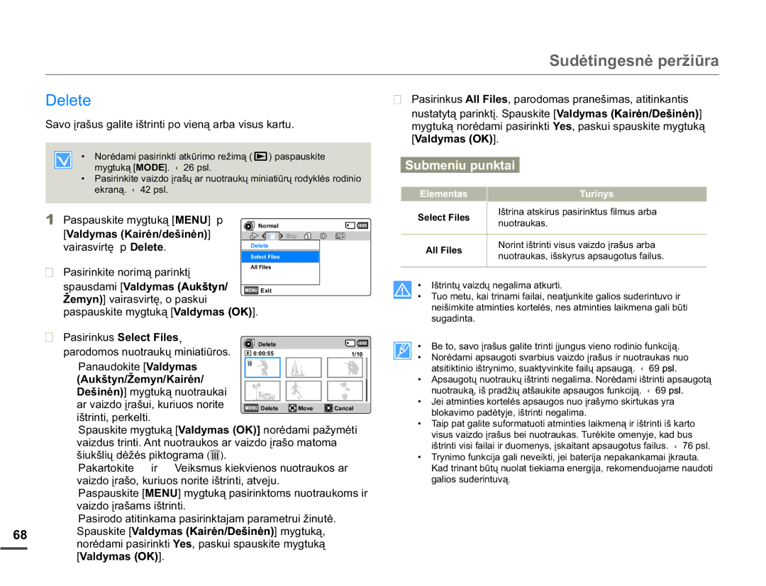 Samsung SMX-F70BP/EDC manual Delete, Pasirinkus 6HOHFWLOHV, 3DQDXGRNLWH9DOG\PDV, $XNãW\QäHP\Q.DLUơQ 