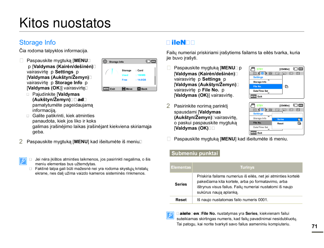 Samsung SMX-F70BP/EDC manual Kitos nuostatos, 6WRUDJH,QIR, File No, $XNãW\QäHP\Q kad 