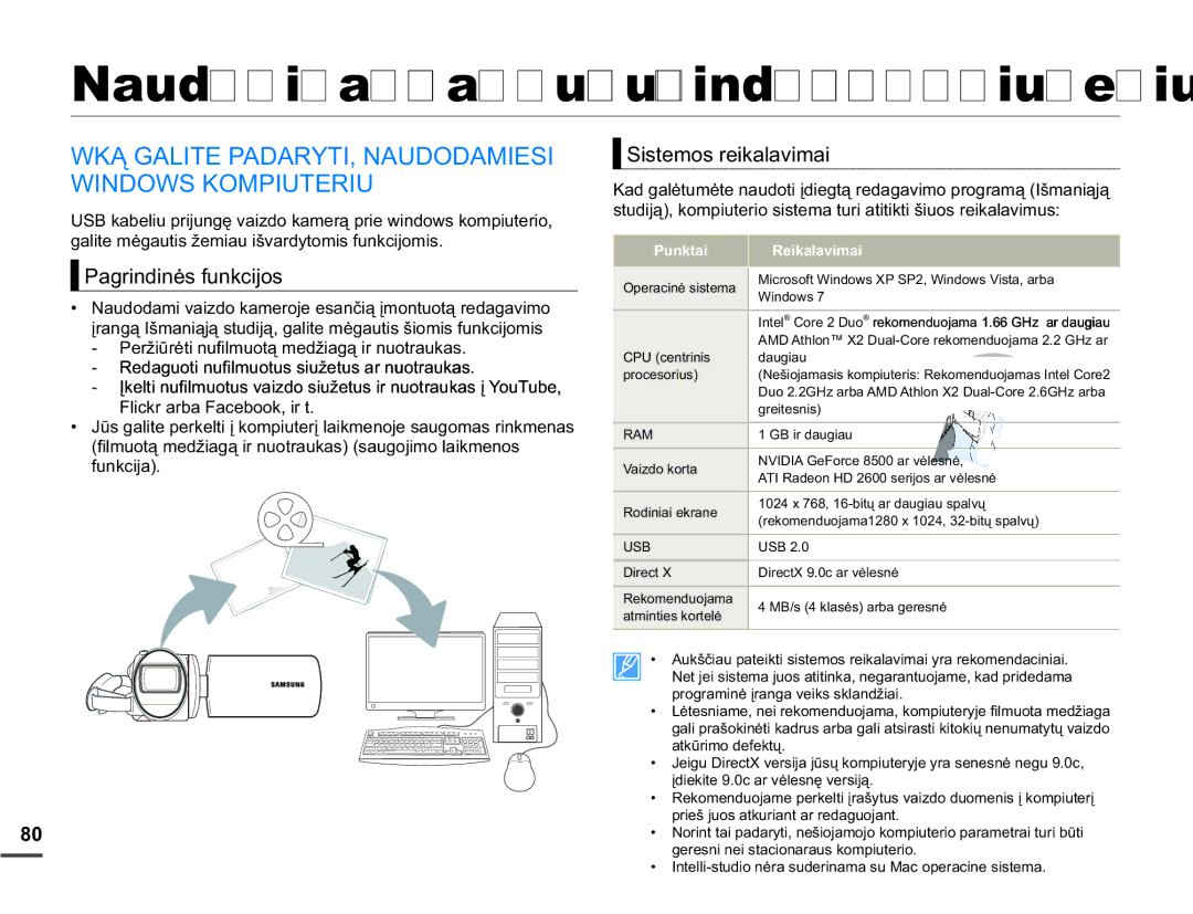 Samsung SMX-F70BP/EDC manual Naudojimas kartu su Windows kompiuteriu, 3DJULQGLQơVIXQNFLMRV, 3XQNWDL 5HLNDODYLPDL 