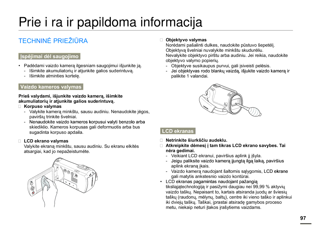 Samsung SMX-F70BP/EDC manual Priežiūra ir papildoma informacija, +1,1Ơ35,ä,ǋ5$, RusxvrYdo\Pdv, HnudqrYdo\Pdv 