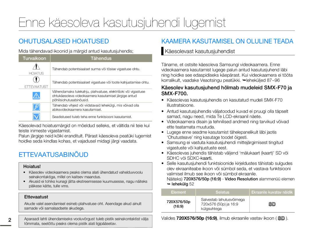 Samsung SMX-F70BP/EDC manual Enne käesoleva kasutusjuhendi lugemist, Ohutusalased Hoiatused, Ettevaatusabinõud 