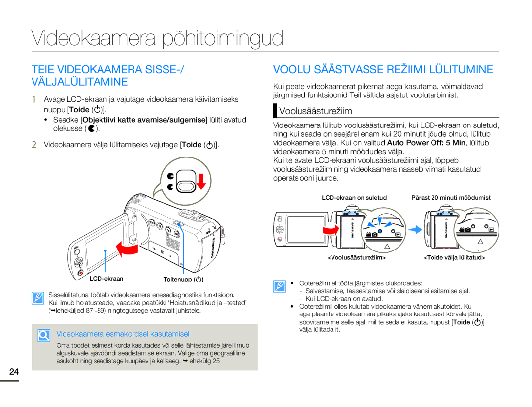 Samsung SMX-F70BP/EDC manual Videokaamera põhitoimingud, Teie Videokaamera Sisse Väljalülitamine, Voolusäästurežiim 