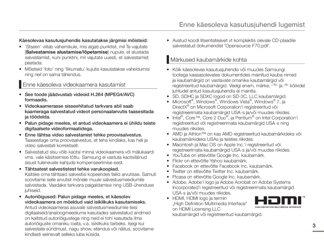 Samsung SMX-F70BP/EDC manual Enne käesoleva kasutusjuhendi lugemist, Enne käesoleva videokaamera kasutamist 