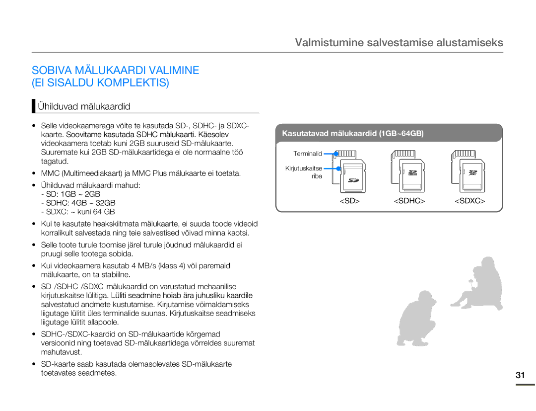 Samsung SMX-F70BP/EDC manual Valmistumine salvestamise alustamiseks, Sobiva Mälukaardi Valimine EI Sisaldu Komplektis 