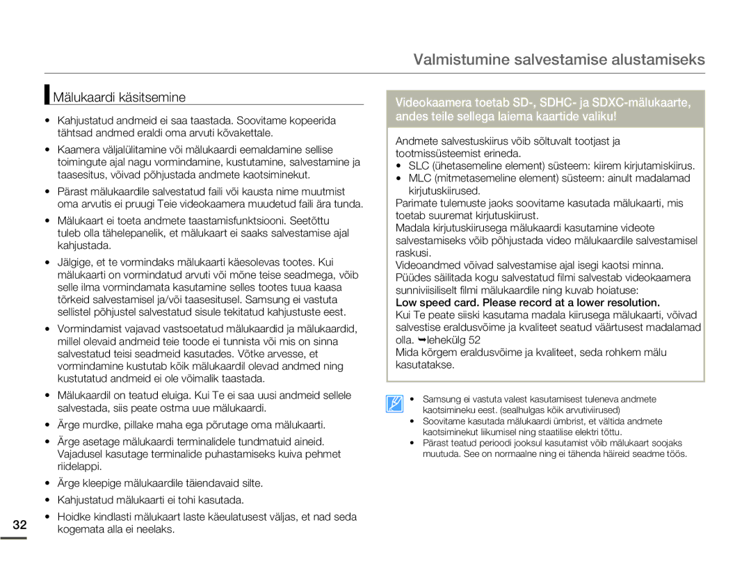 Samsung SMX-F70BP/EDC manual Mälukaardi käsitsemine 