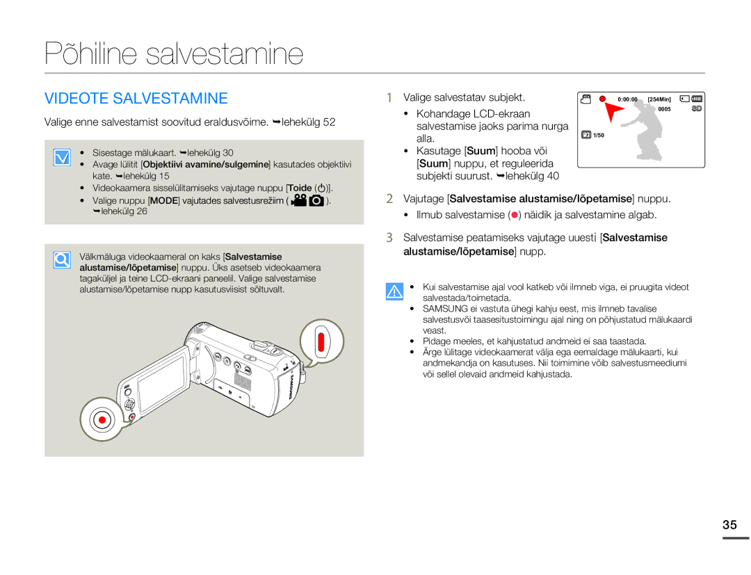 Samsung SMX-F70BP/EDC manual Põhiline salvestamine, Videote Salvestamine, Valige salvestatav subjekt, Alla 