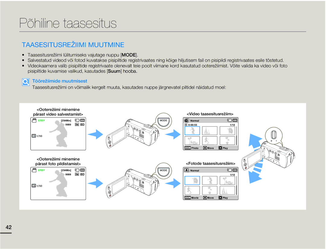 Samsung SMX-F70BP/EDC manual Põhiline taasesitus, Taasesitusrežiimi Muutmine 