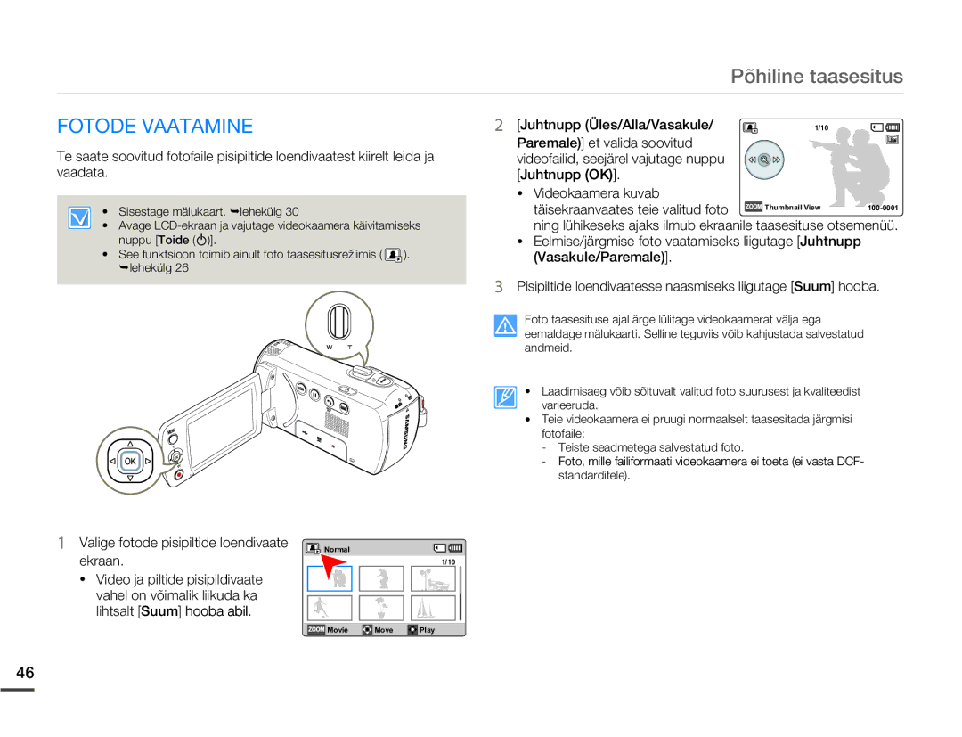 Samsung SMX-F70BP/EDC manual Fotode Vaatamine, Juhtnupp Üles/Alla/Vasakule 