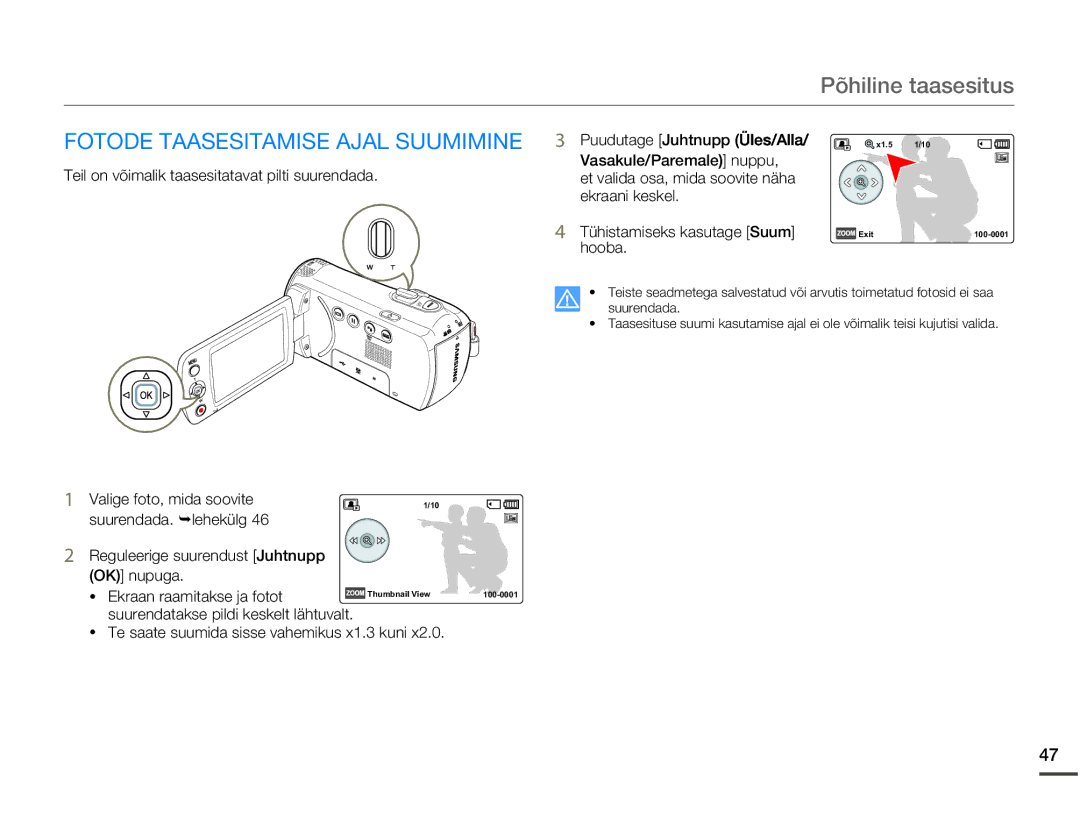 Samsung SMX-F70BP/EDC manual Fotode Taasesitamise Ajal Suumimine, Ekraan raamitakse ja fotot 