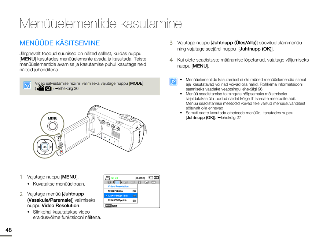 Samsung SMX-F70BP/EDC manual Menüüelementide kasutamine, Menüüde Käsitsemine, Vajutage nuppu Menu Kuvatakse menüüekraan 