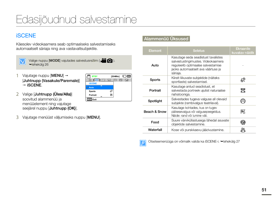 Samsung SMX-F70BP/EDC manual Edasijõudnud salvestamine, Iscene, Valige Juhtnupp Üles/Alla, Soovitud alammenüü ja 