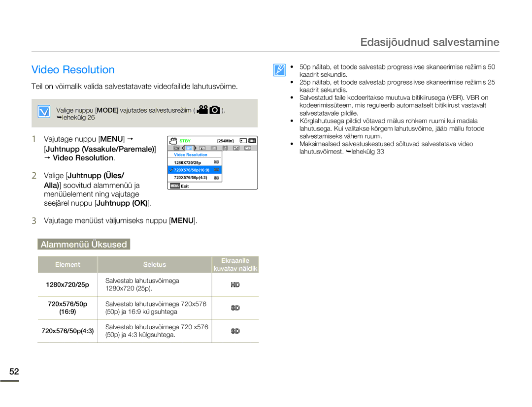 Samsung SMX-F70BP/EDC manual Edasijõudnud salvestamine, Video Resolution 