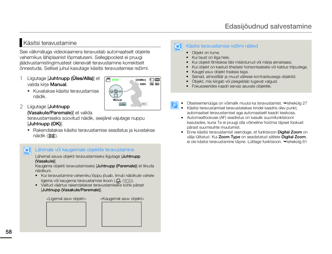 Samsung SMX-F70BP/EDC manual Käsitsi teravustamine, Liigutage Juhtnupp Üles/Alla et, Valida kirje Manual 