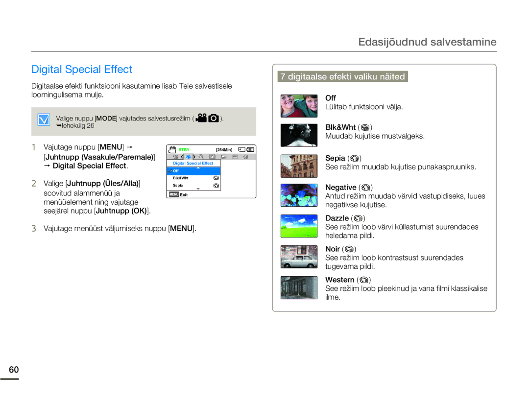 Samsung SMX-F70BP/EDC manual Digital Special Effect, Digitaalse efekti valiku näited 