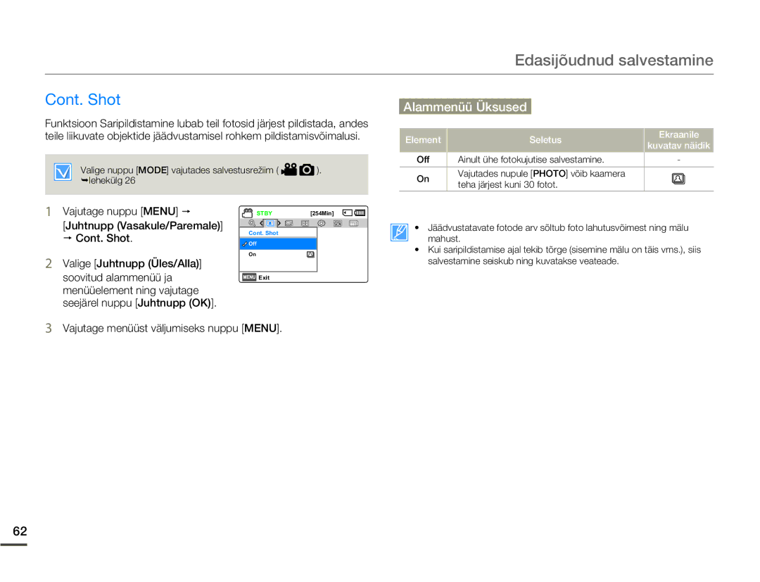 Samsung SMX-F70BP/EDC manual Cont. Shot, Vajutage nuppu Menu p 