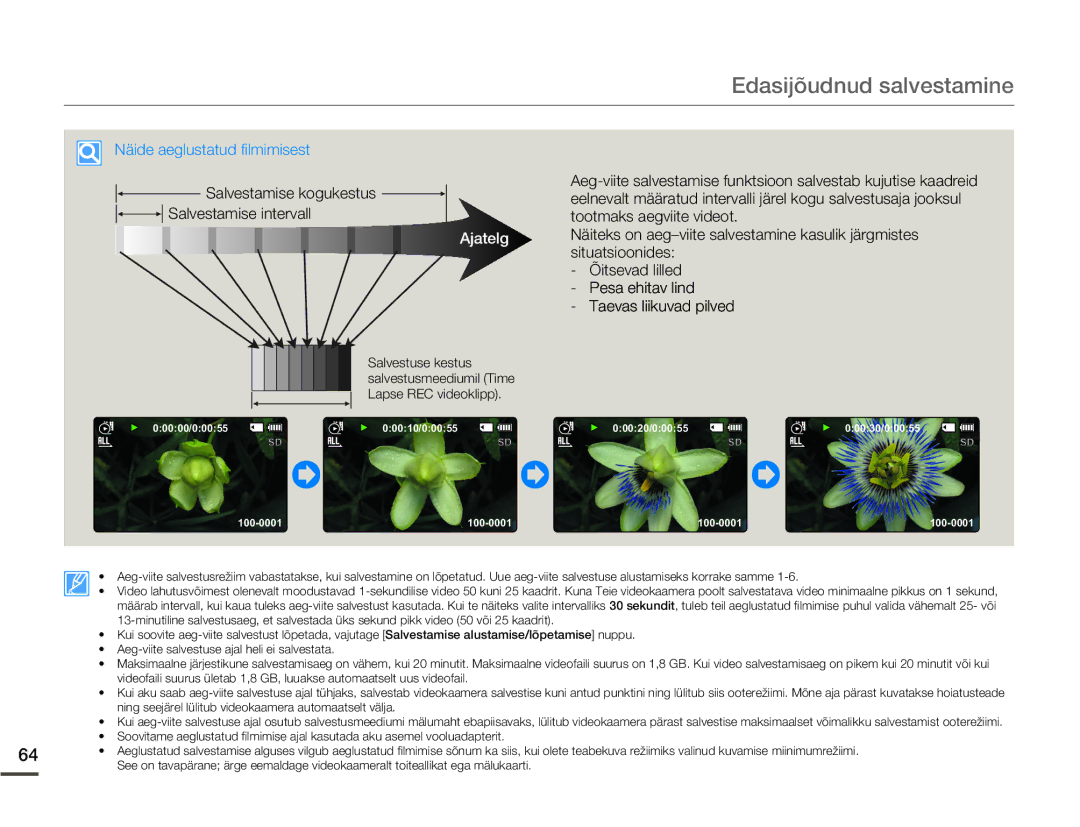 Samsung SMX-F70BP/EDC manual Salvestamise kogukestus Salvestamise intervall, Ajatelg 