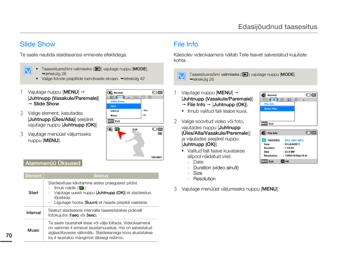 Samsung SMX-F70BP/EDC manual Slide Show File Info, Juhtnupp Vasakule/Paremale File Info p Juhtnupp OK 