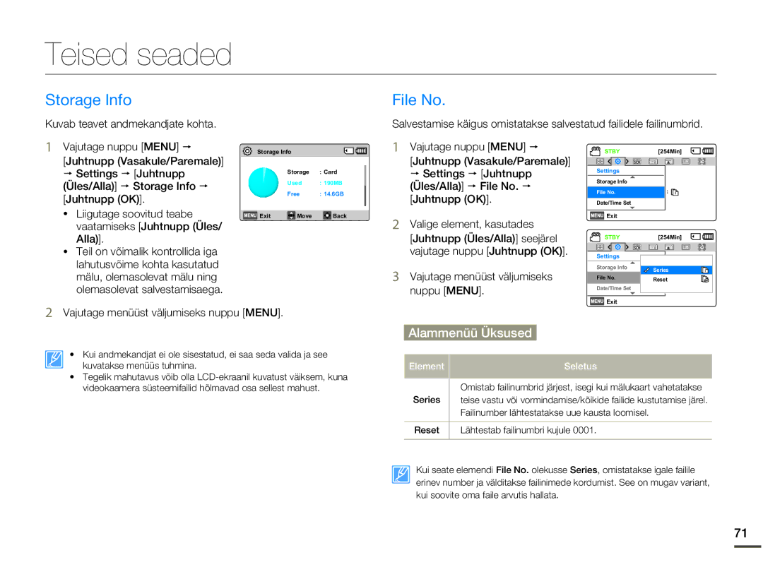 Samsung SMX-F70BP/EDC manual Teised seaded, Storage Info File No 