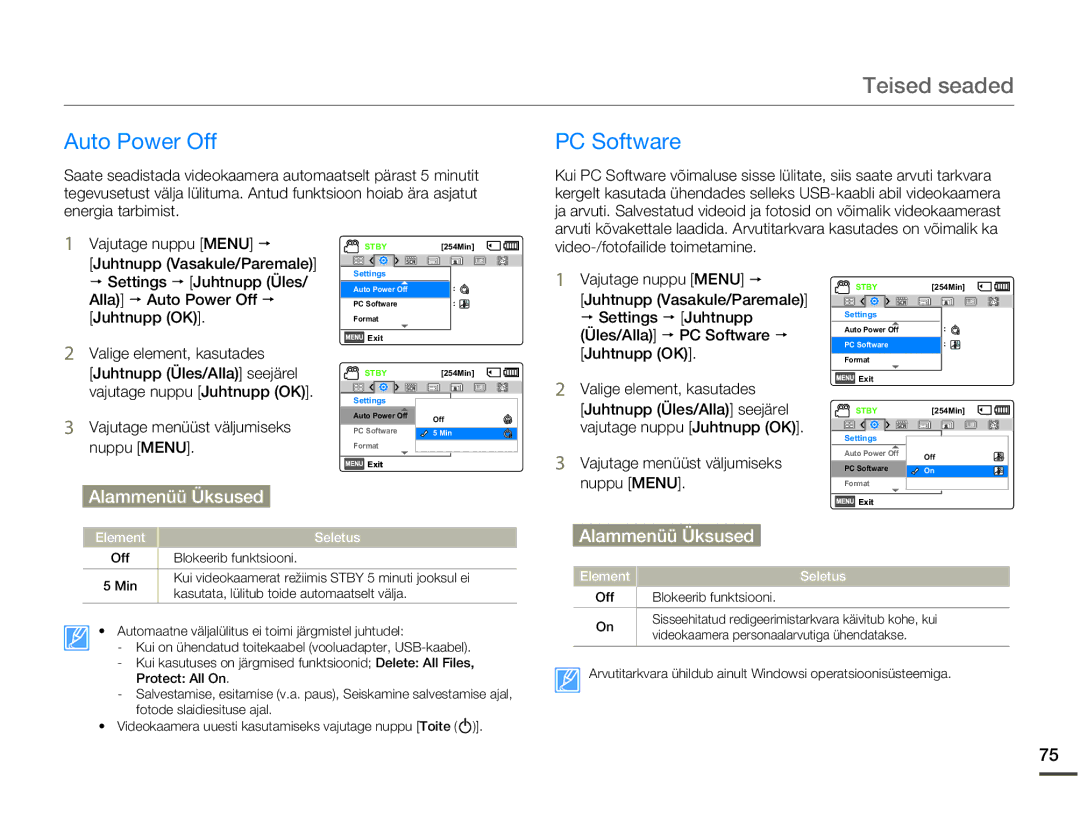 Samsung SMX-F70BP/EDC manual PC Software, Video-/fotofailide toimetamine, Alla p Auto Power Off p, Juhtnupp OK 