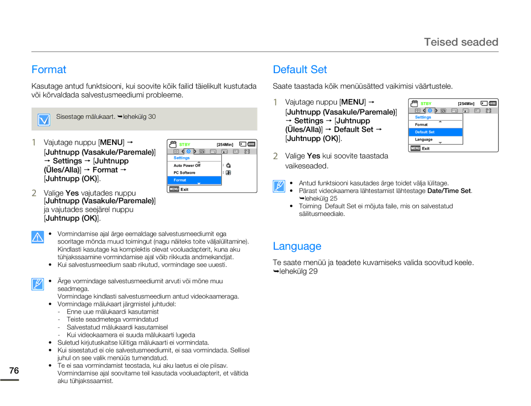 Samsung SMX-F70BP/EDC manual Format Default Set, Language, Settings p Juhtnupp, Üles/Alla p Format p 