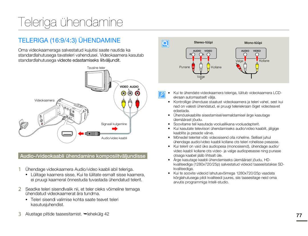 Samsung SMX-F70BP/EDC Teleriga ühendamine, Teleriga 169/43 Ühendamine, Audio-/videokaabli ühendamine komposiitväljundisse 