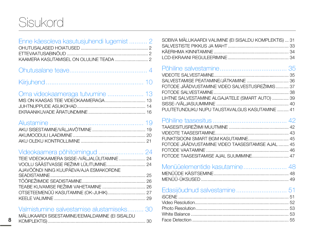 Samsung SMX-F70BP/EDC manual Sisukord, Enne käesoleva kasutusjuhendi lugemist 