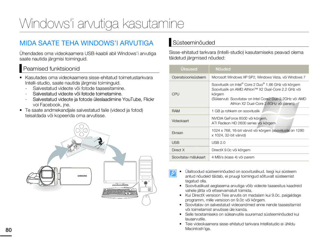 Samsung SMX-F70BP/EDC manual Windows’i arvutiga kasutamine, Mida Saate Teha WINDOWS’I Arvutiga, Peamised funktsioonid 