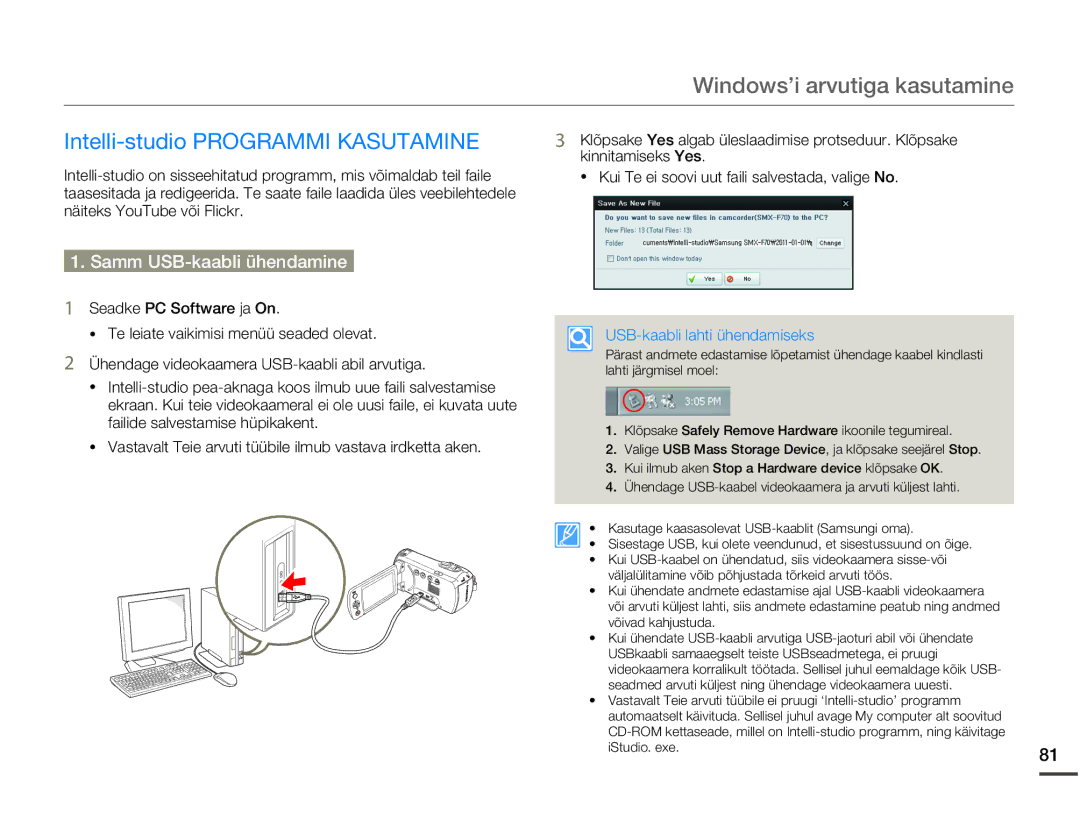 Samsung SMX-F70BP/EDC manual Windows’i arvutiga kasutamine, Intelli-studio Programmi Kasutamine, Samm USB-kaabli ühendamine 