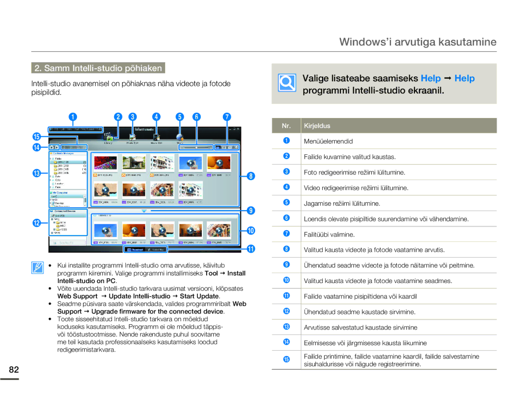 Samsung SMX-F70BP/EDC manual Samm Intelli-studio põhiaken, Eelmisesse või järgmisesse kausta liikumine 