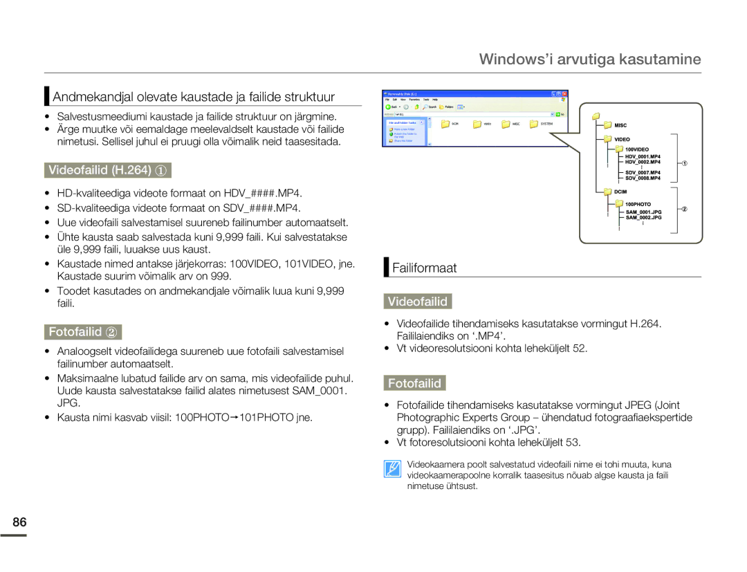 Samsung SMX-F70BP/EDC manual Videofailid H.264 ①, Fotofailid ② 