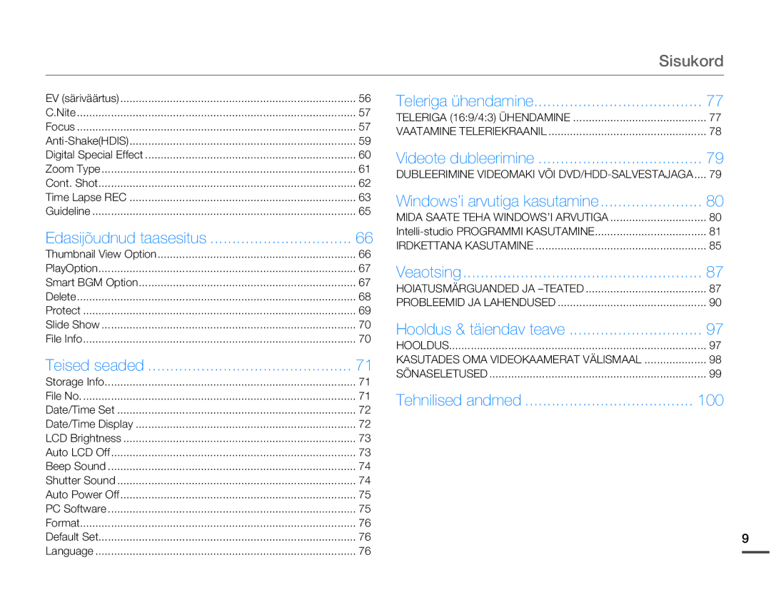 Samsung SMX-F70BP/EDC manual Sisukord, Teised seaded, 100 