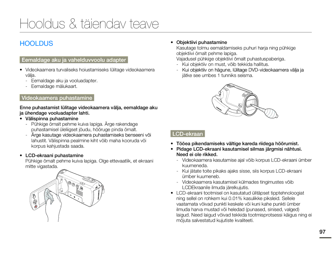 Samsung SMX-F70BP/EDC manual Hooldus & täiendav teave, Eemaldage aku ja vahelduvvoolu adapter, Videokaamera puhastamine 