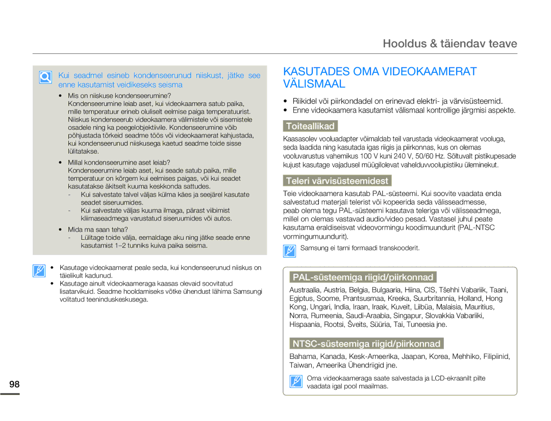 Samsung SMX-F70BP/EDC manual Hooldus & täiendav teave, Kasutades OMA Videokaamerat Välismaal 