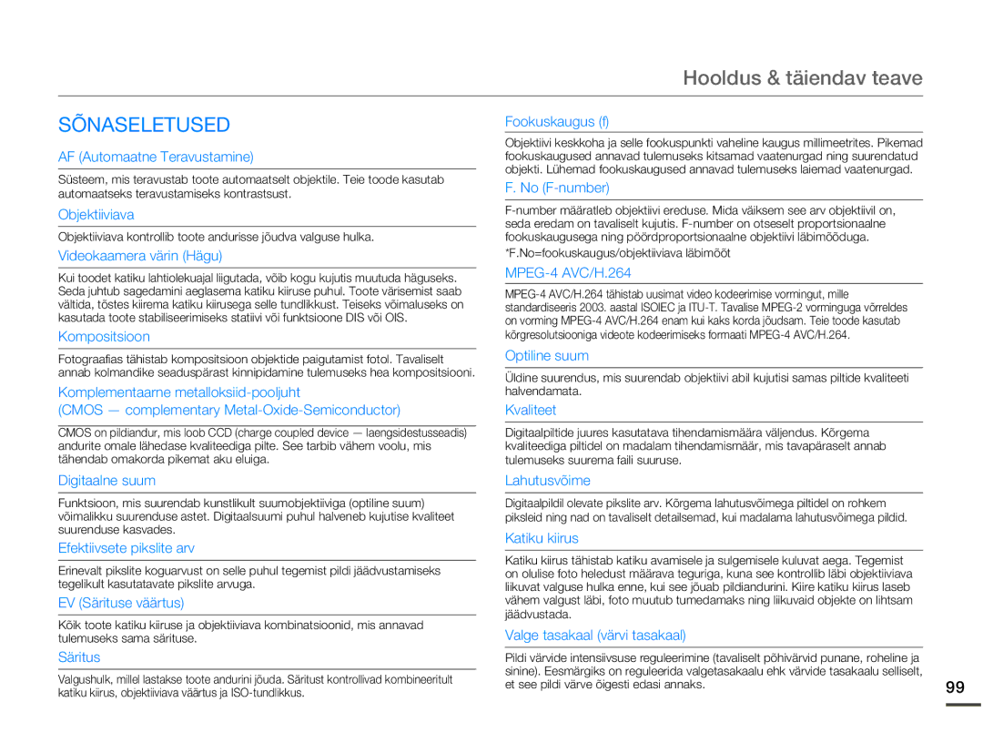 Samsung SMX-F70BP/EDC manual Sõnaseletused, AF Automaatne Teravustamine 