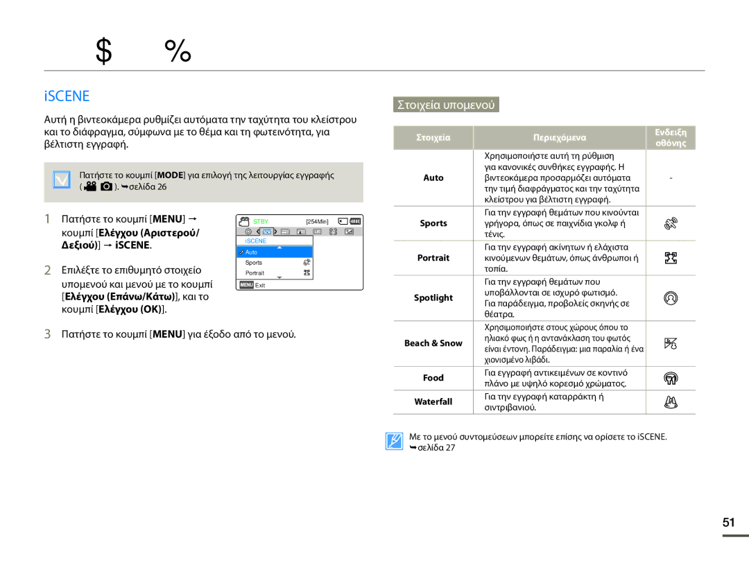 Samsung SMX-F70BP/EDC manual Προηγμένες ρυθμίσεις εγγραφής, Iscene, Πατήστε το κουμπί Menu για έξοδο από το μενού 