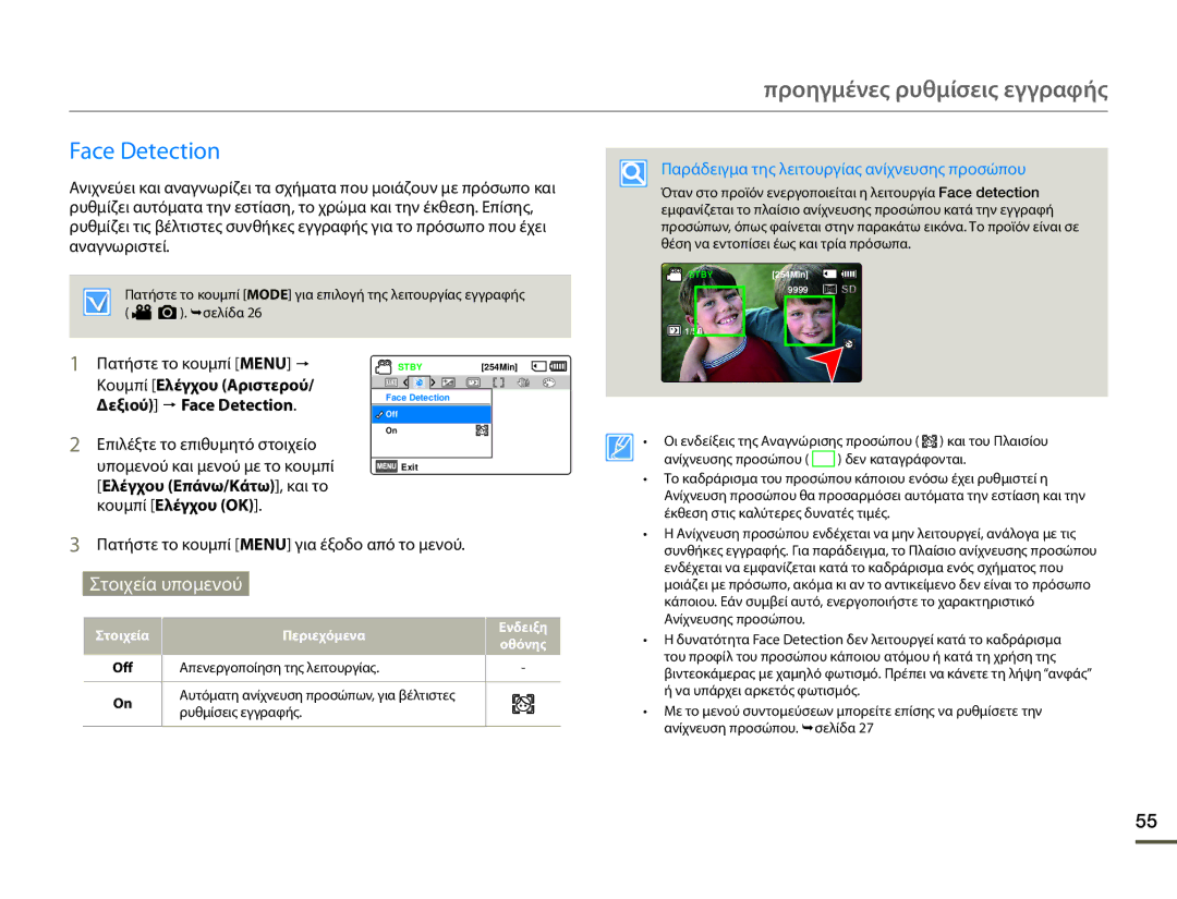 Samsung SMX-F70BP/EDC manual Κουμπί Ελέγχου Αριστερού/ Δεξιού p Face Detection, Off 