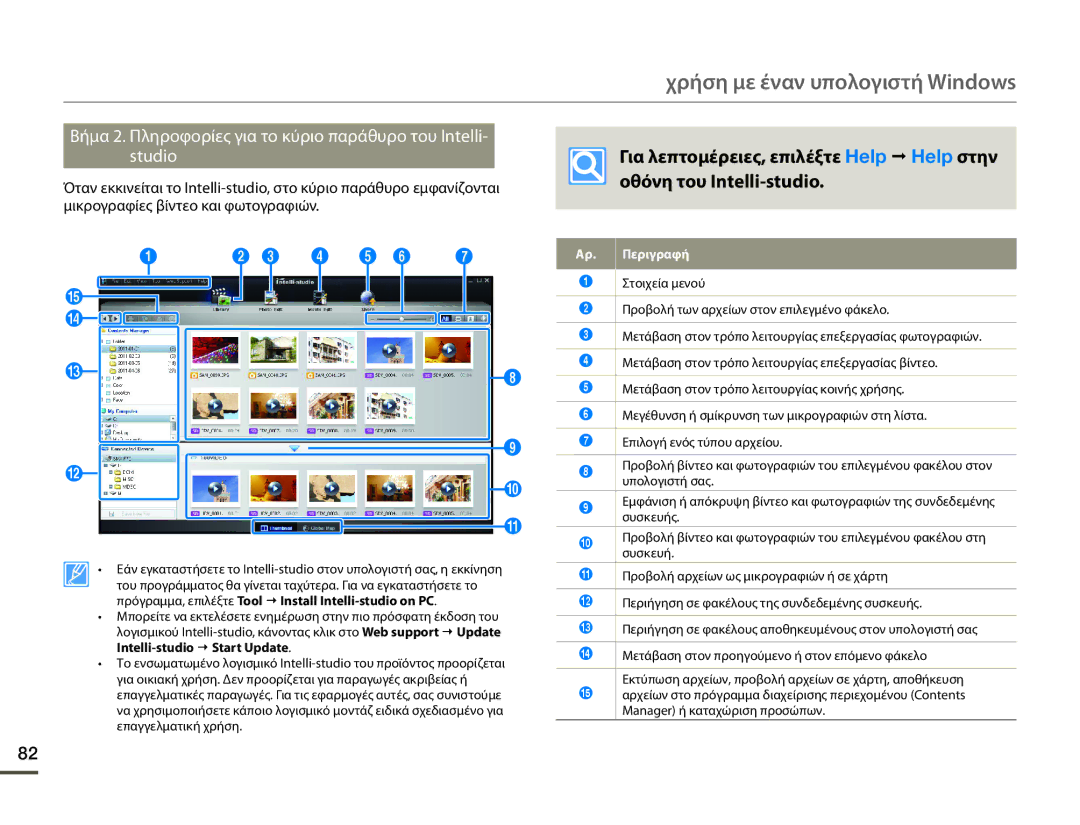 Samsung SMX-F70BP/EDC manual Χρήση με έναν υπολογιστή Windows, Βήμα 2. Πληροφορίες για το κύριο παράθυρο του Intelli Studio 