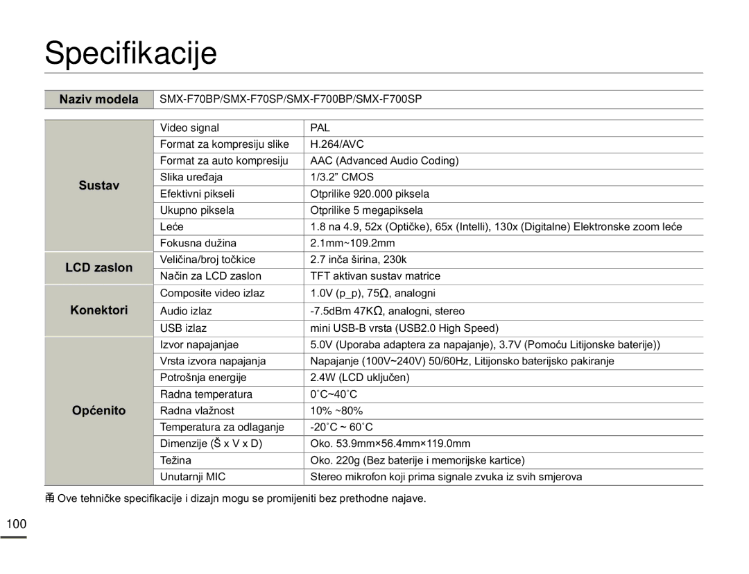 Samsung SMX-F70BP/EDC manual Specifikacije, 100 