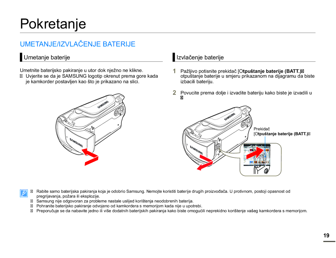 Samsung SMX-F70BP/EDC manual Pokretanje, 807$1-,=9/$ý1-%$75, 8PHWDQMHEDWHULMH, YODþHQMHEDWHULMH, LedflolEdwhulmx 