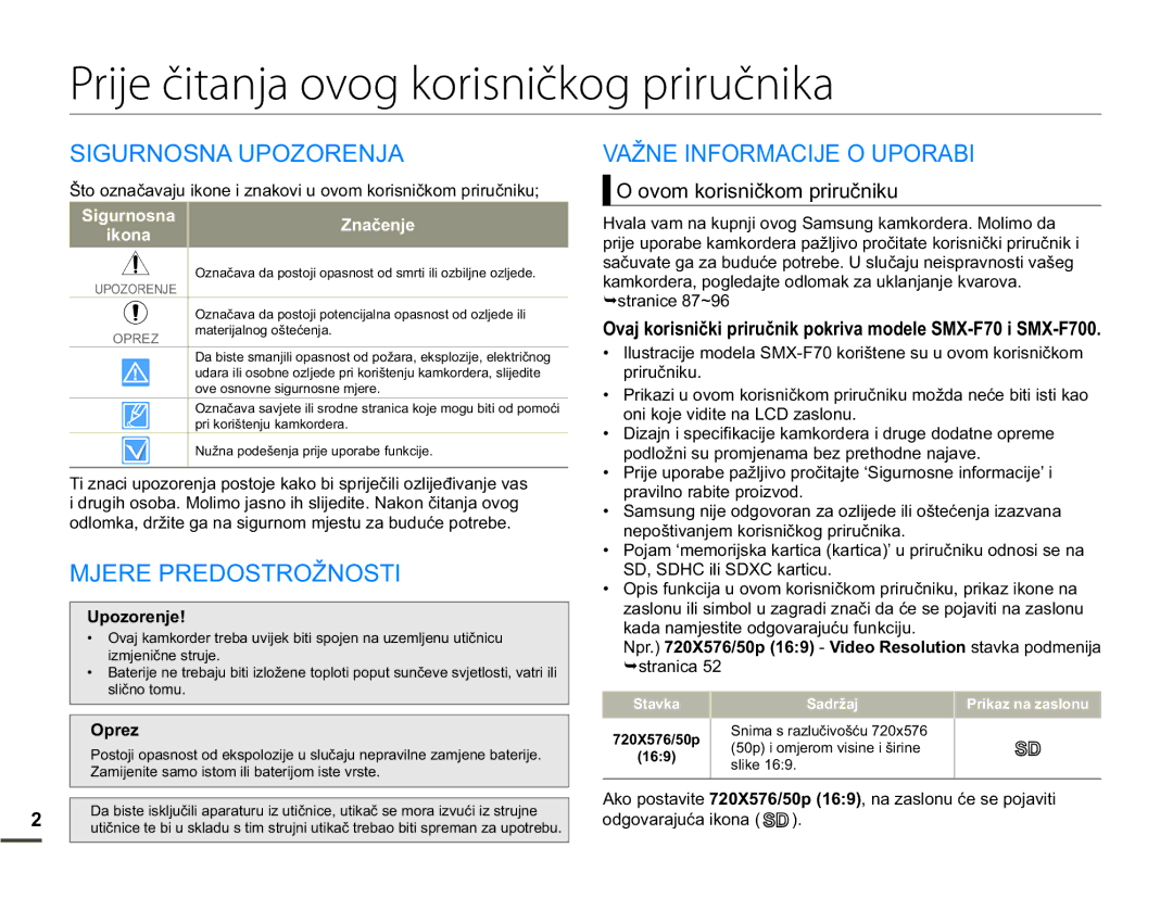 Samsung SMX-F70BP/EDC manual Prije čitanja ovog korisničkog priručnika, Sigurnosna Upozorenja, $ä1,1250$&,-28325$% 