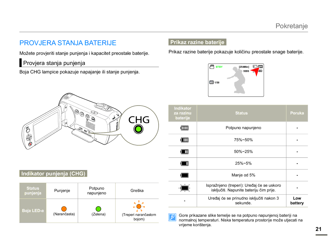 Samsung SMX-F70BP/EDC manual Provjera Stanja Baterije, 3URYMHUDVWDQMDSXQMHQMD, Status Poruka Baterije 