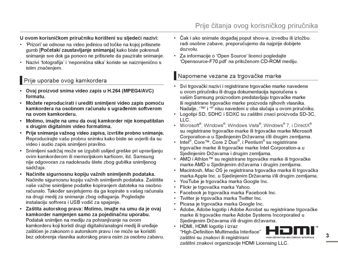 Samsung SMX-F70BP/EDC manual Prije uporabe ovog kamkordera, Napomene vezane za trgovačke marke, Llc 